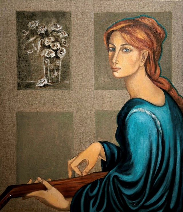 Living room painting by Krystyna Ruminkiewicz titled Taka jedna grająca na mandolinie