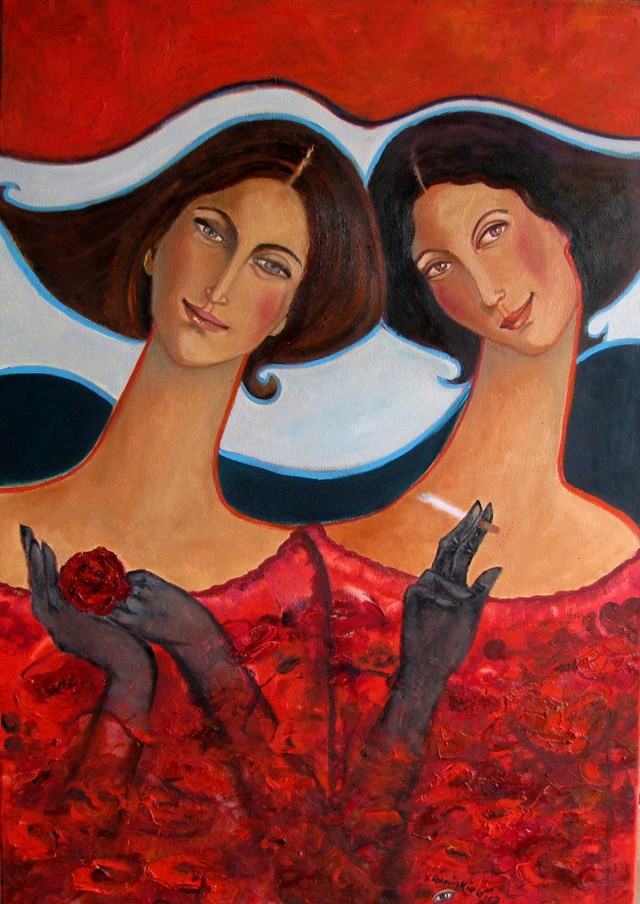 Obraz do salonu artysty Krystyna Ruminkiewicz pod tytułem Takie dwie w czerwieni