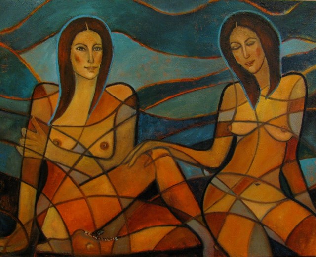 Living room painting by Krystyna Ruminkiewicz titled Two on holidays