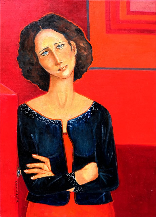 Living room painting by Krystyna Ruminkiewicz titled Sadness and joy are red