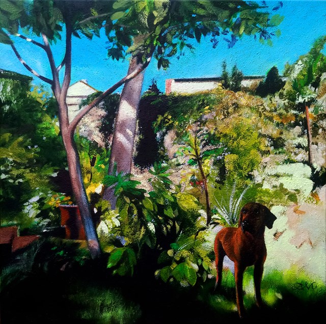 Living room painting by Anna Malinowska titled A dog in the garden