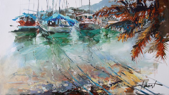 Obraz do salonu artysty Henadzy Havartsou pod tytułem Jachty w zatoce