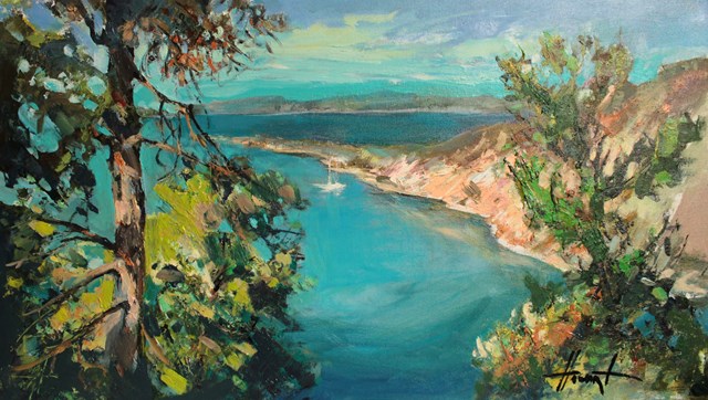 Obraz do salonu artysty Henadzy Havartsou pod tytułem Cedry nad zatoką