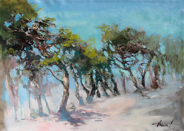 Living room painting by Henadzy Havartsou titled Road with cedars