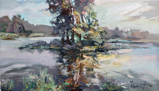 Obraz do salonu artysty Henadzy Havartsou pod tytułem Jezioro jesienią