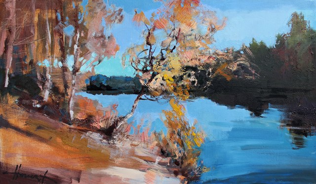 Living room painting by Henadzy Havartsou titled River in clear autumn