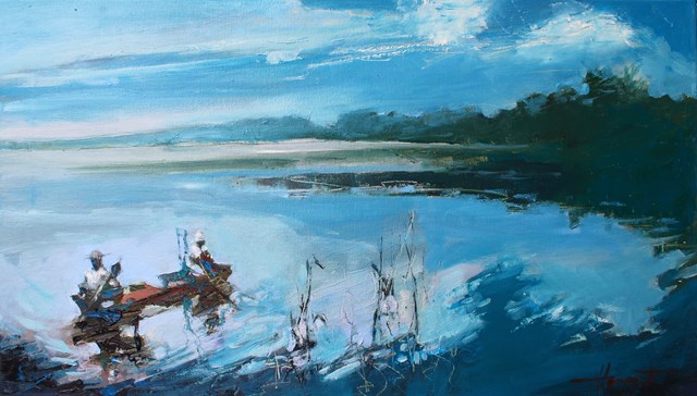 Living room painting by Henadzy Havartsou titled Fishermen at sunrise