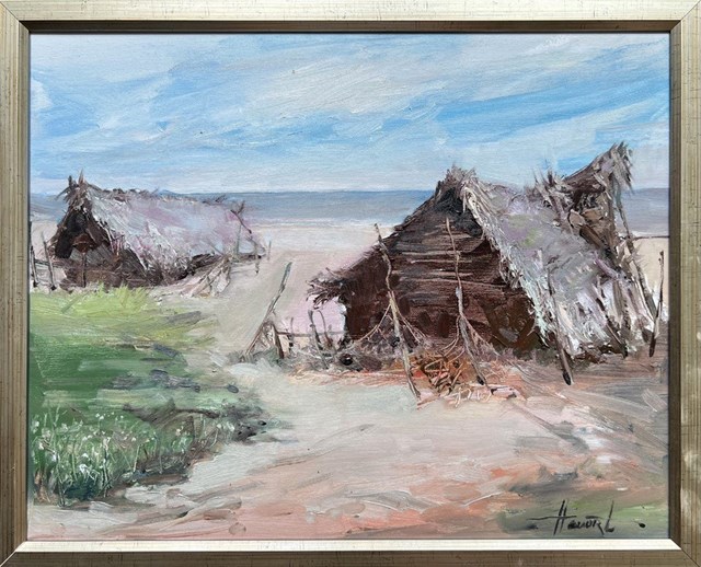 Living room painting by Henadzy Havartsou titled Fisherman's hut