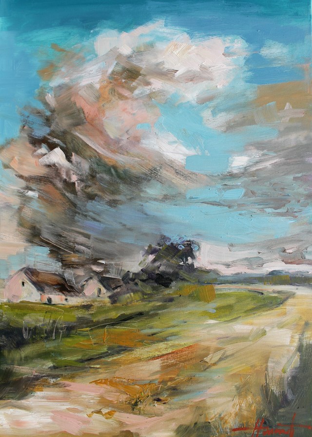 Living room painting by Henadzy Havartsou titled Wind in the field
