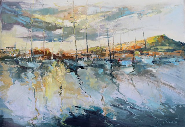 Living room painting by Henadzy Havartsou titled Sunrise in the marina