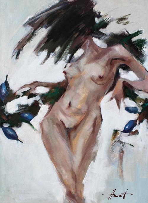 Living room painting by Henadzy Havartsou titled Plum from the nude series