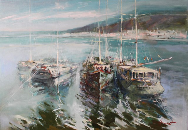 Living room painting by Henadzy Havartsou titled Yachts at the pier
