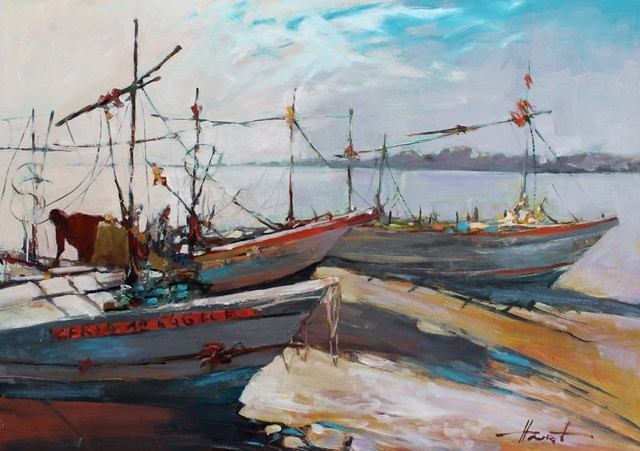 Living room painting by Henadzy Havartsou titled Sri Lanka. Fishing Boats
