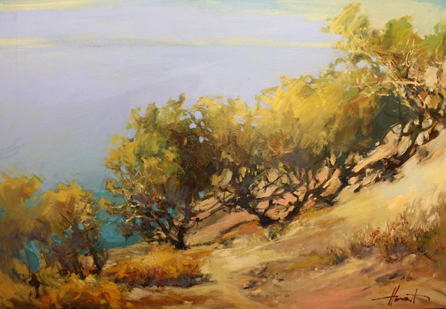 Living room painting by Henadzy Havartsou titled Mediterranean cedars