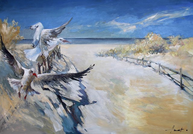 Living room painting by Henadzy Havartsou titled Baltic seagulls