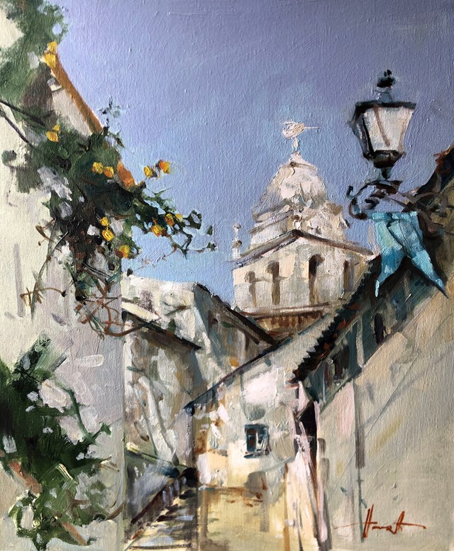 Living room painting by Henadzy Havartsou titled A street in the old town