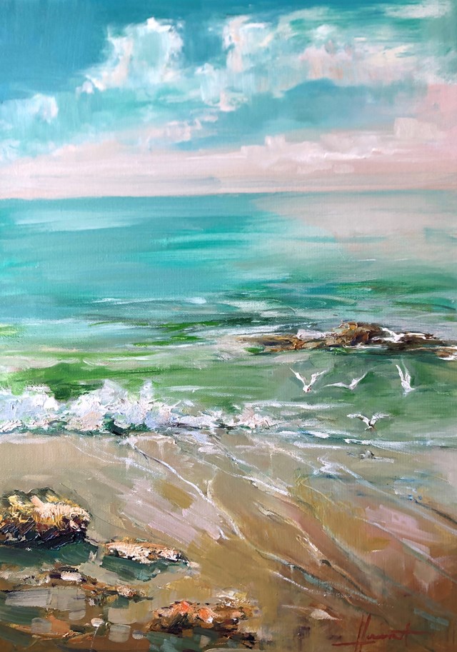 Living room painting by Henadzy Havartsou titled Calm Ocean. Portugal 