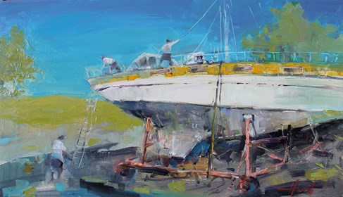 Living room painting by Henadzy Havartsou titled A Day at the Dock