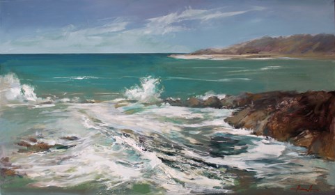 Living room painting by Henadzy Havartsou titled The Conversation of Waves and Rocks