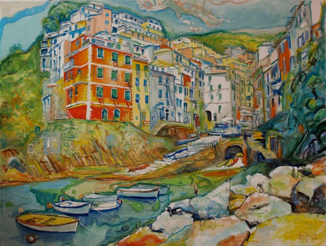 Living room painting by Dariusz Żejmo titled Cinque Terre 