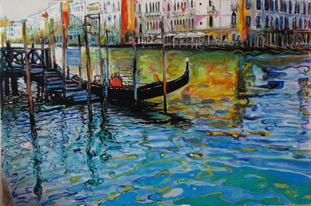 Living room painting by Dariusz Żejmo titled Venetian panorama with gondola