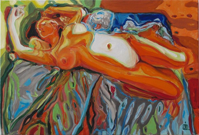 Living room painting by Dariusz Żejmo titled Lying nude