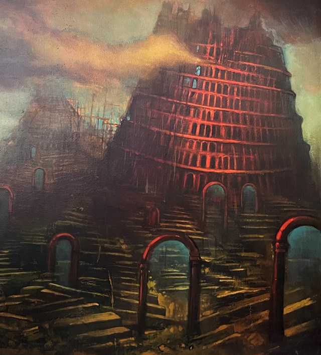 Living room painting by Krzysztof Koniczek titled Mysteries of the Tower of Babel ...