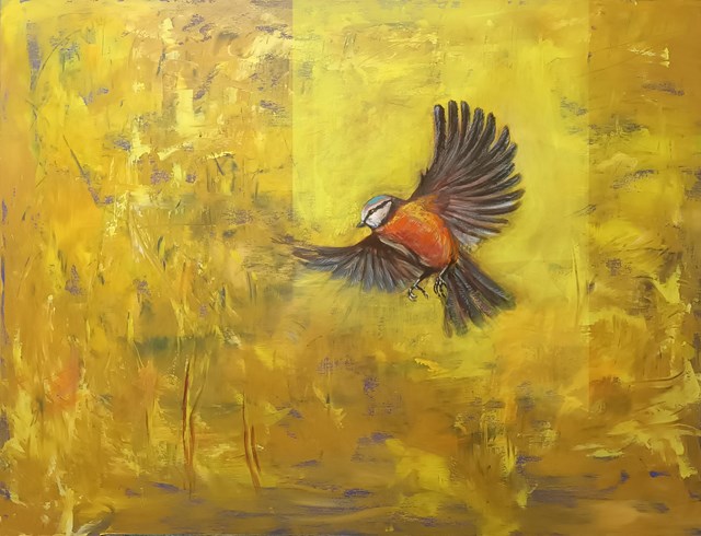 Living room painting by Maria Kucia-Albin titled Learning to fly