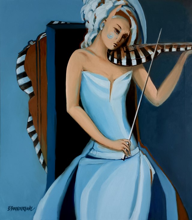 Living room painting by Elżbieta Boukourbane titled Niebieskie granie