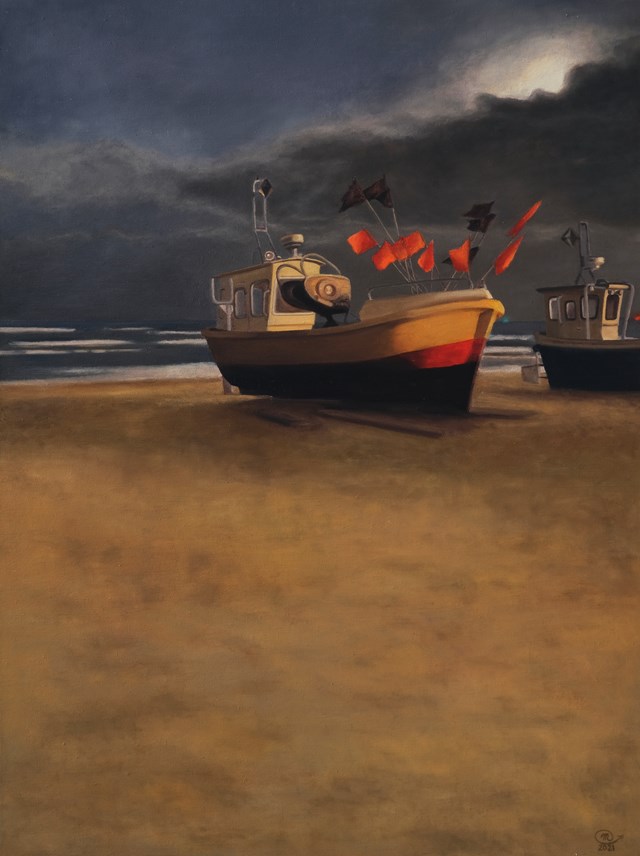 Living room painting by Magdalena Tuźnik titled Sopot. Fishing boats on the beach