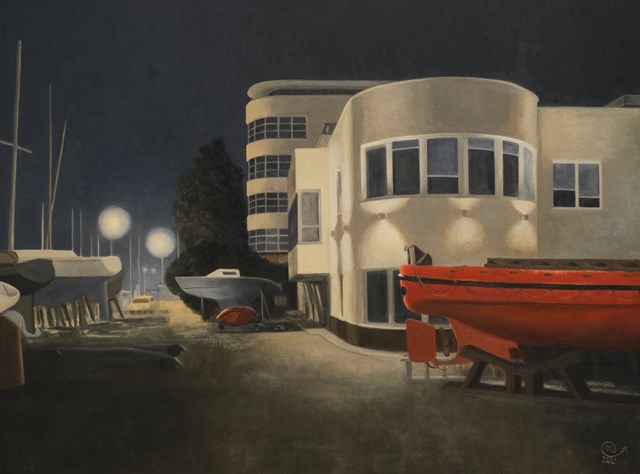 Living room painting by Magdalena Tuźnik titled Gdynia. Navigation Faculty at night