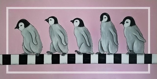 Living room painting by Aleksandra Lacheta titled Penguins