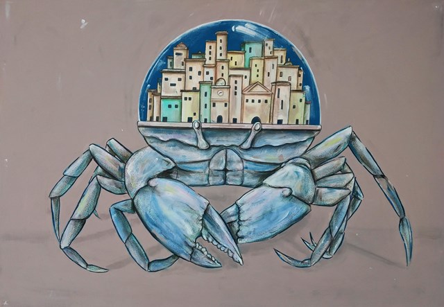 Living room painting by Aleksandra Lacheta titled Crab City Life 