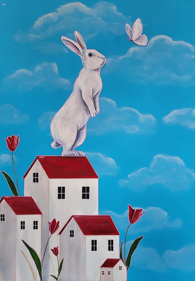 Living room painting by Aleksandra Lacheta titled rooftop meeting