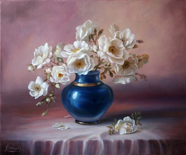 Living room painting by Lidia Olbrycht titled White Roses in a Blue Vase