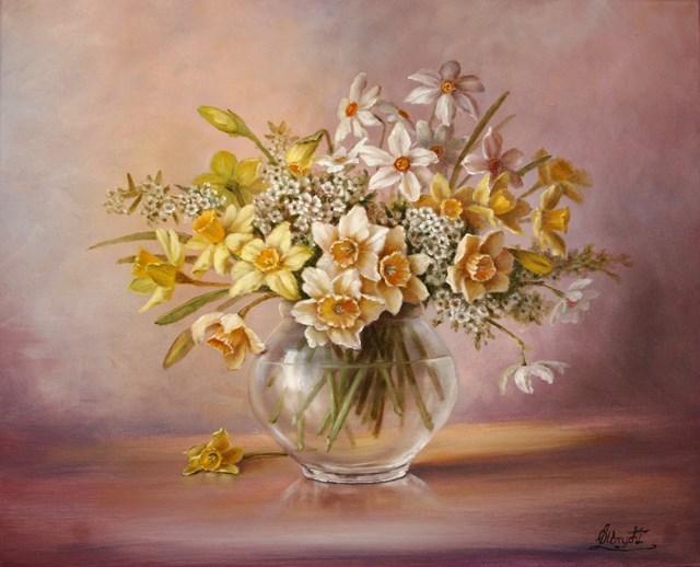 Living room painting by Lidia Olbrycht titled Daffodils in a vase