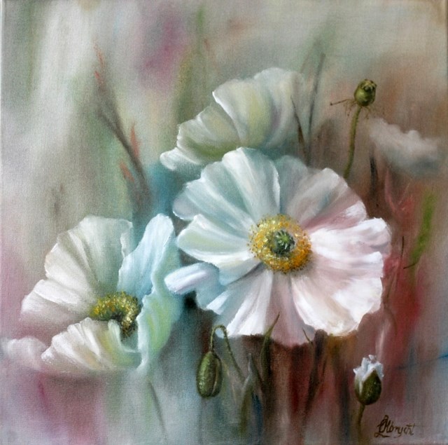 Living room painting by Lidia Olbrycht titled White Poppies Impression