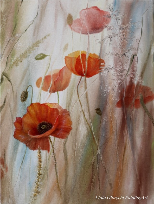 Living room painting by Lidia Olbrycht titled Poppies Meadow