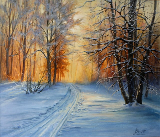 Living room painting by Lidia Olbrycht titled Winter, forest, sunset